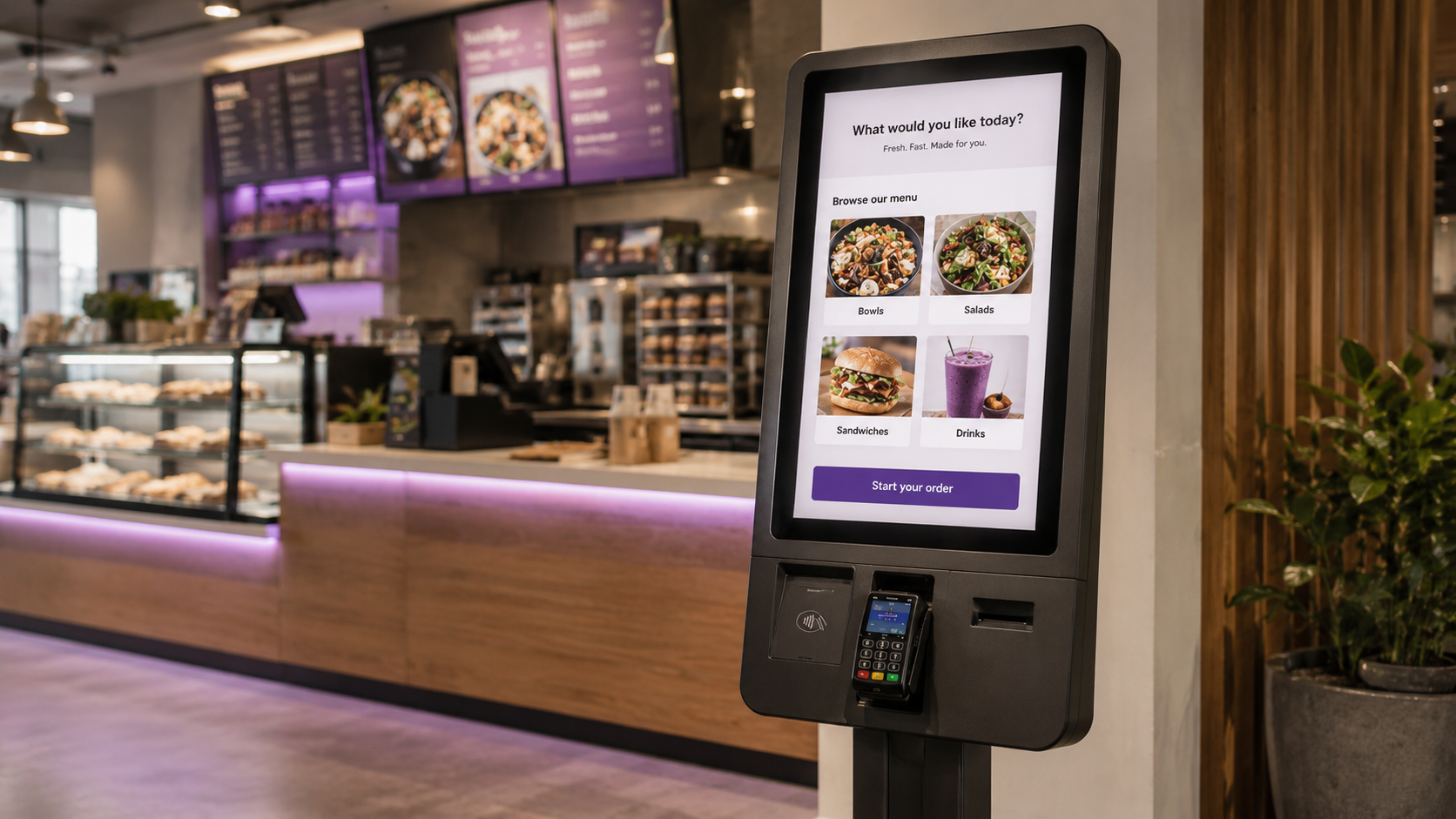 Real self-service kiosk inside a restaurant